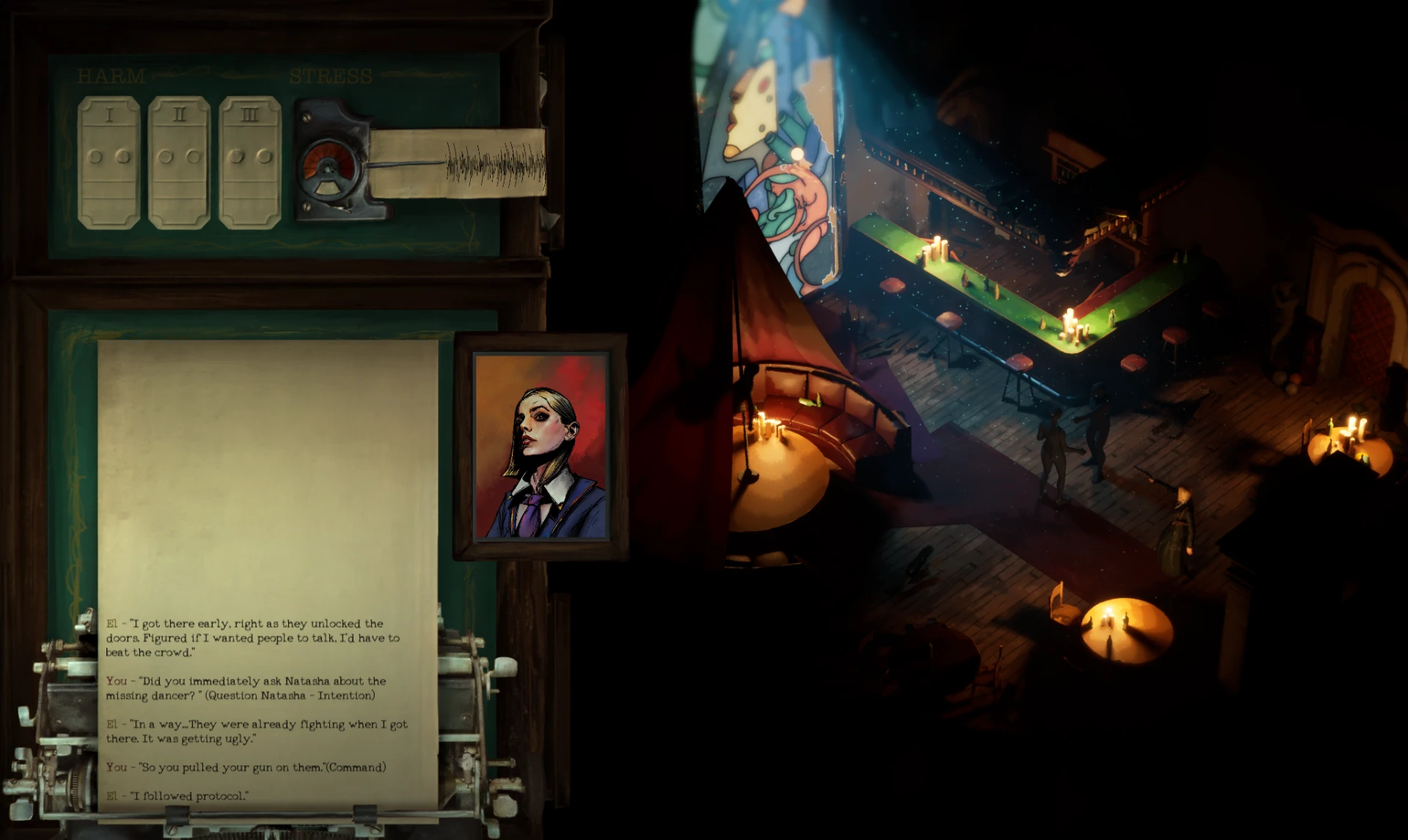 Game overview screenshot — dark UI with character dialogue and isometric scene