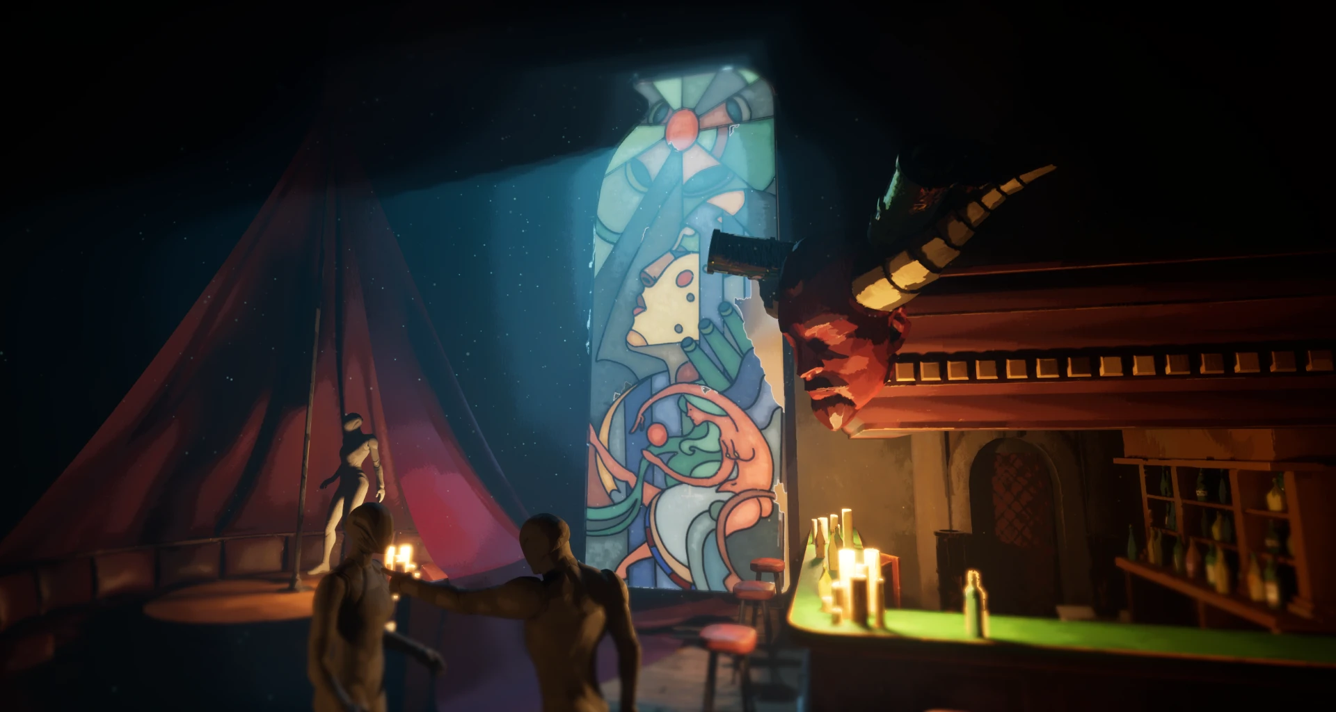 Concept art — candlelit bar interior with stained glass window
